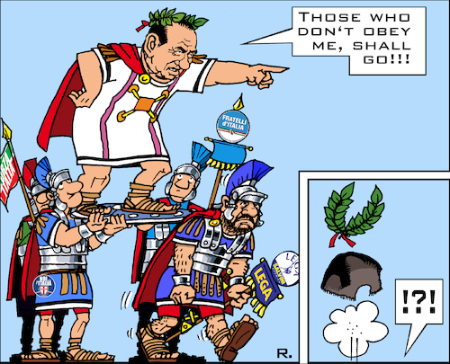 Cartoon: Italian Ex-Caesar (medium) by RachelGold tagged italy,election,berlusconi,salvani,lega,forza,fratelli,noi,con,italia,breaking,alliance,caesar,asterix,romans,centurion