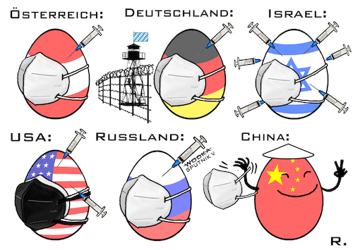 Cartoon: Ostereier 2021 (medium) by RachelGold tagged ostern,ostereier,österreich,deutschland,israel,usa,russland,china,ffp2,injektion,vakzine,pandemie,corona,covid19
