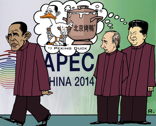 Cartoon: Peking Duck (medium) by RachelGold tagged putin,xi,obama,russia,usa,china,apec