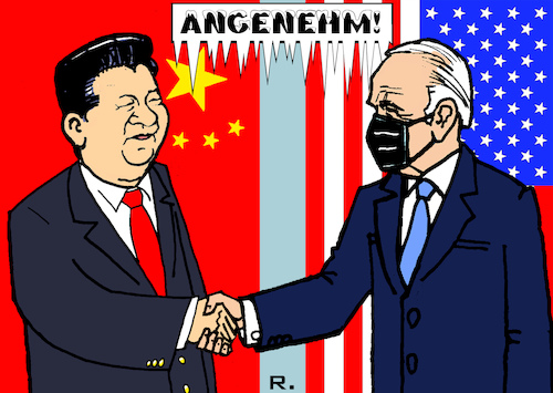 Cartoon: Tauwetter? (medium) by RachelGold tagged usa,china,biden,xi,gipfel,bilateral,konflikte,wirtschaft,außenpolitik,tauwetter,eiszeit