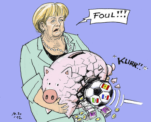 Cartoon: Another German Defeat (medium) by MarkusSzy tagged eu,euro,crisis,summit,brussels,germany,merkel,austerity,defeat,soccer