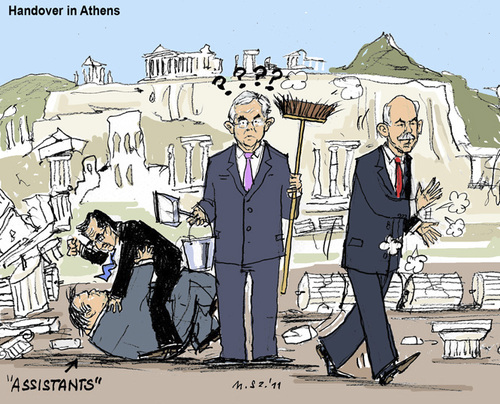 Cartoon: Handover in Athens (medium) by MarkusSzy tagged handover,ruins,samaras,venizelos,papademos,papandreou,minister,prime,greece