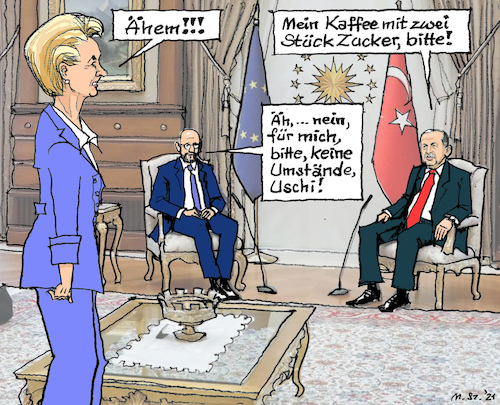 Cartoon: Im Land der Paschas (medium) by MarkusSzy tagged eu,türkei,gipfel,ankara,erdogan,michel,von,der,leyen,sofa,gate,sultan,palast,pascha,frauenbild,eklat,diplomatie