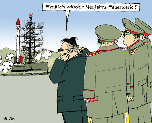 Cartoon: Nordkorea - andere Zeitrechnung (medium) by MarkusSzy tagged nordkorea,kim,jong,un,raketen,test,mittelstreckenrakete,militär,rüstung,drohung,feuerwerk,neujahr