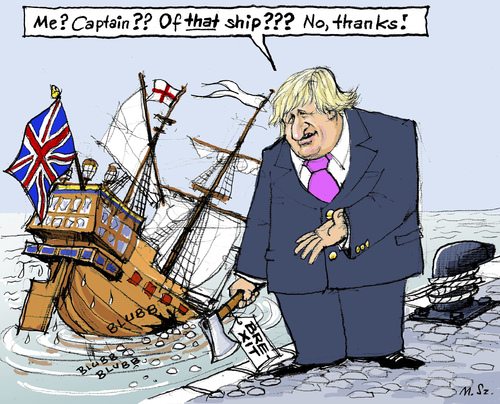 Cartoon: Not-Prime-Minister Boris Johnson (medium) by MarkusSzy tagged brexit,britain,eu,referendum,exit,cameron,boris,johnson,resignation,prime,minister,captain,sinking,ship,sabotage