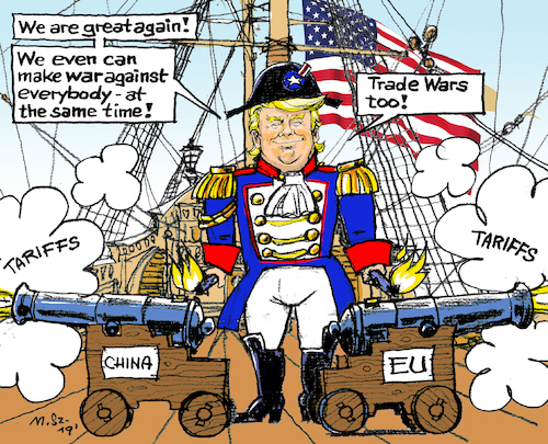 Cartoon: Trade War on many Fronts (medium) by MarkusSzy tagged usa,eu,china,world,trade,war,trump,captain,great,again,navy,galeone,cannon