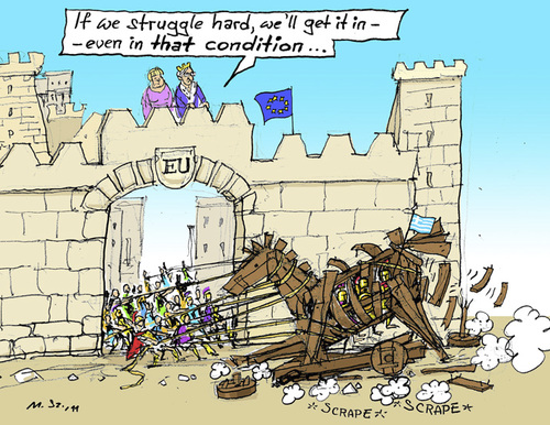 Cartoon: Trojan Wreck (medium) by MarkusSzy tagged crisis,economy,trojanhorse,troy,history,greece,union,european