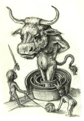 Cartoon: Das Ende des Minotaurus (medium) by Thomas Bühler tagged griechenlan,sieg,monster,ungeheuer,kämpfen,kämpfer,kampf,muskeln,kraft,stark,sagen,mythologie