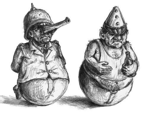 Cartoon: Stehaufmänner (medium) by Thomas Bühler tagged clownsmaske,lüge,krieg,soldat