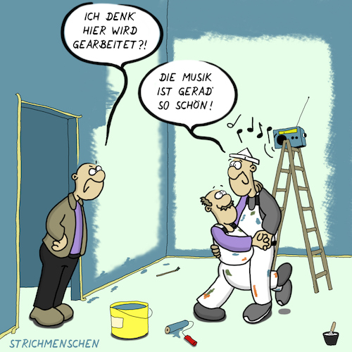 Cartoon: Baustellenradio (medium) by Thorsten Klomfass tagged maler,handwerk,baustelle,musik,radio,baustellenradio,tanz,maler,handwerk,baustelle,musik,radio,baustellenradio,tanz