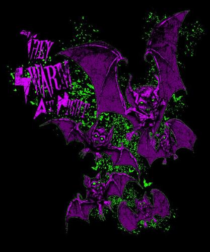 Cartoon: they swarm at night shirt design (medium) by Christian Nörtemann tagged bats,neon