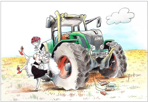 Cartoon: Just.married (medium) by firuzkutal tagged marriage,gender,family,wedding,relationship,woman,man,car,tractor,farmer