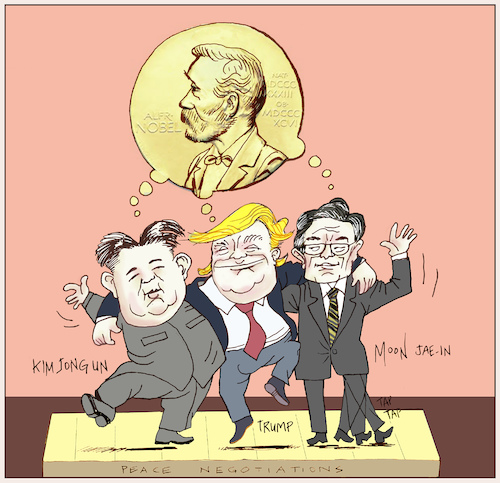 Cartoon: Nobel Peace Prize Candidates? (medium) by firuzkutal tagged nobel,peace,prize,kim,jong,hu,donald,trump,usa,south,north,korea,moon,jae,in,negotiations,talk,committe,2018,nobelpreis,nobel,peace,prize,kim,jong,hu,donald,trump,usa,south,north,korea,moon,jae,in,negotiations,talk,committe,2018,nobelpreis