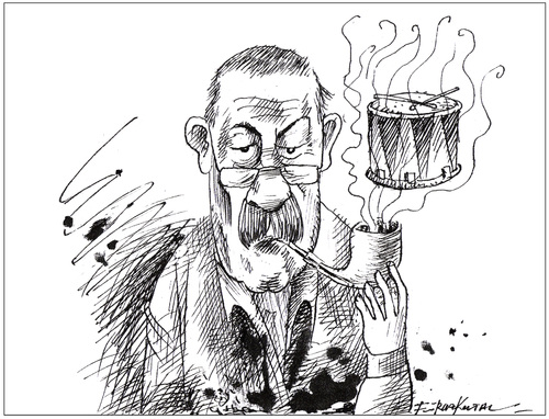 Cartoon: R.i.P Günter Grass (medium) by firuzkutal tagged autor,trampet,tin,grass,gunter,schriftsteller,literatur,europa,deutschland,germany,gläser,künstler,rohr,pipe,postcard,kestutis,glasses