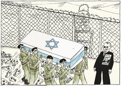 Cartoon: Sharon dies after 8-year fight (medium) by firuzkutal tagged hero,criminal,war,palestine,israel,kutal,firuz,sharon,ariel