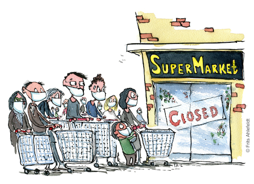 Cartoon: Cue in front of the supermarket (medium) by Frits Ahlefeldt tagged covid19,cue,facemask,covid,corona,pandemic,hoarding,fear,shopping