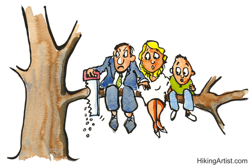 Cartoon: Cutting the branch (medium) by Frits Ahlefeldt tagged conflict,angry,man,tree,cutting,branch,family,children,quit,saw,businessman