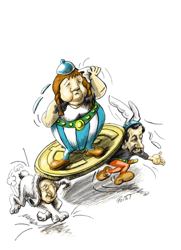 Cartoon: französisch-deutsche Troika (medium) by Parallelallee tagged merkel,sarkozy,hollande,euro,troika,obelix,asterix,idefix