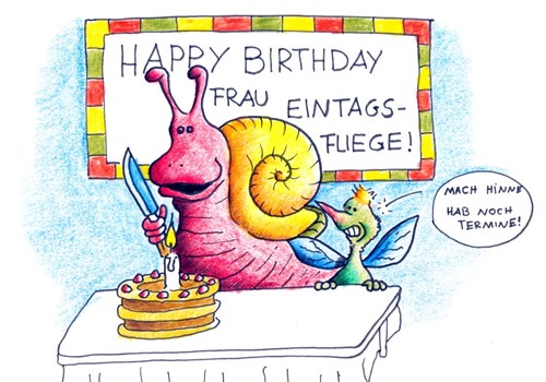 Cartoon: Eintagsfliege (medium) by Jupp tagged feier,kuchen,torte,geburtstag,schnecke,fliege,eintagsfliege,birthday,happy,cartoon,comic,jupp,bomm,fly
