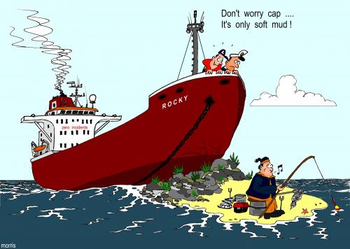 Cartoon: vessel grounding (medium) by pilot tagged ship,boat,vessel,sea,pilot,pilotage,island