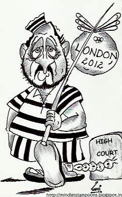 Cartoon: In London fortune favours a Jai (medium) by mindpad tagged commonwealth,games,corruption,london,olympics,2012,suresh,kalmadi,caricature,cartoon,satire