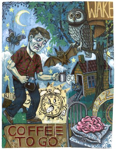 Cartoon: coffee to go (medium) by rasmus juul tagged paint,on,board