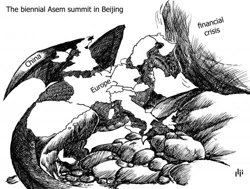 Cartoon: Chinese Dragon - Europe (medium) by Nizar tagged chinese,dragon,europe,beijing,biennial,asem,financial,crisis,summit,biennial asem summit,europa,china,drachen,symbol,beijing,finanzkrise,krise,geld,finanzen,wirtschaft,wirtschaftskrise,bank,banken,pleite,bankrott,biennial,asem,summit