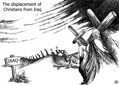 Cartoon: The Calvary (medium) by Nizar tagged displacement,christian,iraq,cross,mosul,city,militia,occupation,christ,jesus,church,bible,calvary,road,pain,irak,ablösung,christentum,christ,religion,glaube,gott,jesus christus,kreuzigung,militär,kirche,bibel,jesus,christus