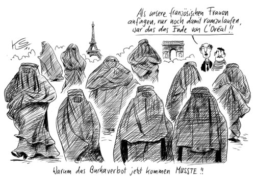 Cartoon: Burkaverbot (medium) by Stuttmann tagged burkaverbot,frankreich,islam,loreal,oreal,sarko,burkaverbot,islam,loreal,oreal,sarko,burka,verbote,verbot,religion,frauen,haare