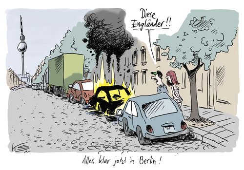 Cartoon: Engländer (medium) by Stuttmann tagged berlin,engländer,abfackeln,straßenschlachten,revolte,jugendgewalt,anarchie