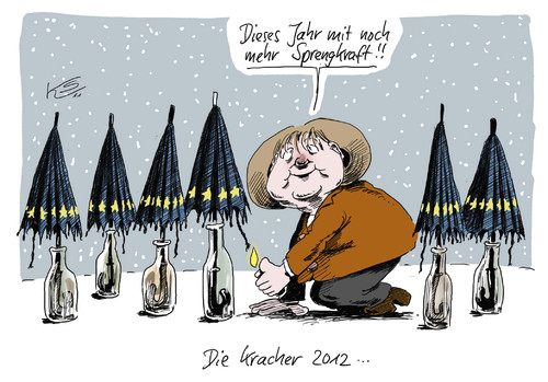 Cartoon: Kracher 2012 (medium) by Stuttmann tagged 2012,merkel,rettungsschirme,eu