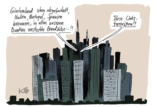 Cartoon: Linksterroristen (medium) by Stuttmann tagged schuldenschnitt,griechenland,bankenkrise,portugal,spanien,italien,linksterroristen,schuldenkrise,eu