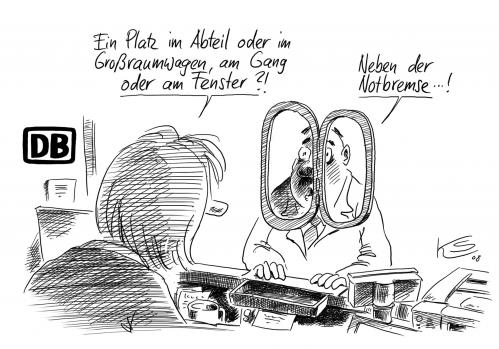 Cartoon: Notbremse (medium) by Stuttmann tagged db,deutsche,bahn,ice,reisen,db,deutsche bahn,ice,inter city express,ice zug,reisen,reise,verreisen,hochgeschwindigkeitszug,notbremse,platz,bahn,bahnreise,bahnverkehr,gefahr,angst,ängstlich,furcht,fahren,fernverkehr,beförderung,befördern,eisenbahngesellschaft,dienstleistung,verkehrsmittel,transport,tourismus,zug,deutsche,inter,city,express