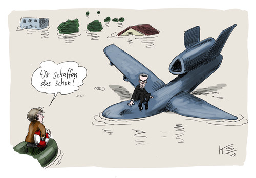 Cartoon: Trost (medium) by Stuttmann tagged maiziere,bundeswehr,drohnen,eurohawk,hawk,hochwasser