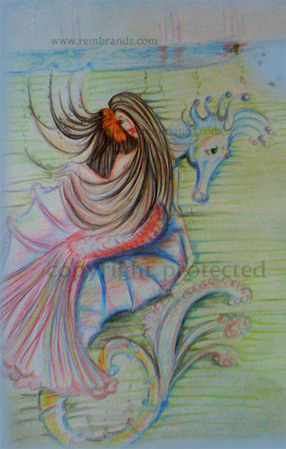 Cartoon: Mermaid on Seahorse (medium) by remyfrancis tagged mermaid,seahorse,under,water,toy,fantasy,world,fairytale,day,dream,sketch,color,drawing