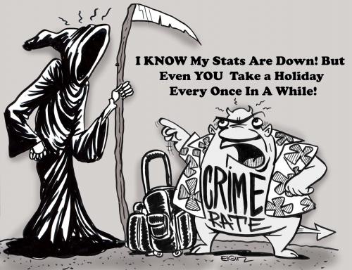 Cartoon: Crime takes a holiday (medium) by subwaysurfer tagged crime,rate,holiday,vaction,death,cartoon,caricature