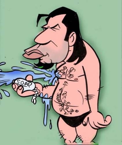 Cartoon: Vinnie takes a bath Pulp Fiction (medium) by subwaysurfer tagged caricature,cartoon,pulp,fiction,john,travolta,subwaysurfer