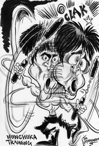 Cartoon: BRUCE LEE-NUNCHUKA PRACTICE.. (medium) by Tim Leatherbarrow tagged brucelee,caricature,nunchukas,kungfu