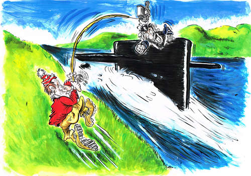 Cartoon: FLY FISHING FOR SUBMARINES (medium) by Tim Leatherbarrow tagged fishing,submarine,upperiscope,timleatherbarrow
