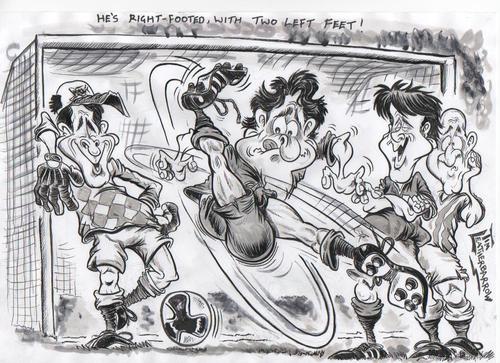 Cartoon: HIT LIKE A ROCKET (medium) by Tim Leatherbarrow tagged football,power,kick,goalnet,bursting