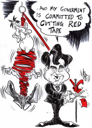 Cartoon: RED TAPE (medium) by Tim Leatherbarrow tagged caricature,gorden,brown,prime,minister,red,tape,goverment,confusion,complications,politics,politicians,stupidity,tim,leatherbarrow