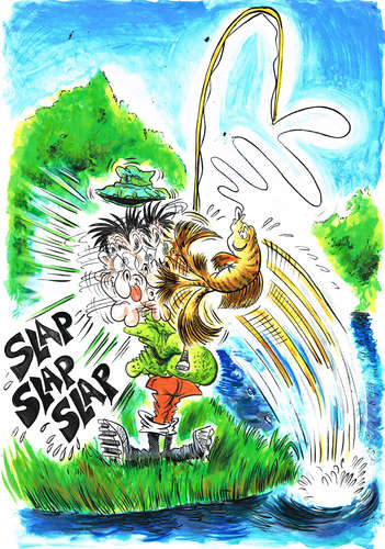 Cartoon: THE ANGRY FISH (medium) by Tim Leatherbarrow tagged slap,wetfish,angryfish,fins,timleatherbarrow,fishing