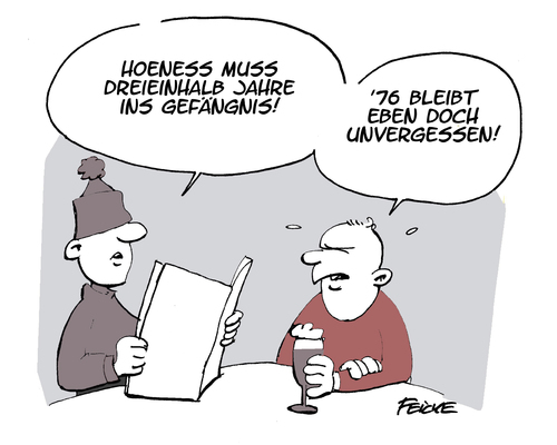 Cartoon: 76 vergessen wir nie! (medium) by FEICKE tagged hoeness,uli,millionen,etat,augsburg,münchen,bayern,fc,hinterziehung,steuern,prozess,gericht,strafverfahren,uli,hoeness,prozess,steuern,hinterziehung,fc,bayern,münchen,augsburg,etat,millionen,strafverfahren,gericht