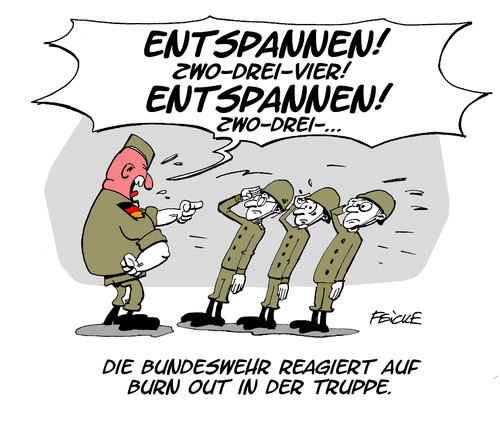 Cartoon: Bundeswehrburnout (medium) by FEICKE tagged bundeswehr,bericht,wehrbeauftragter,zunahme,frust,burout,burn,out,truppe,militär,therapie,bundeswehr,bericht,wehrbeauftragter,zunahme,frust,burout,burn,out,truppe,militär,therapie