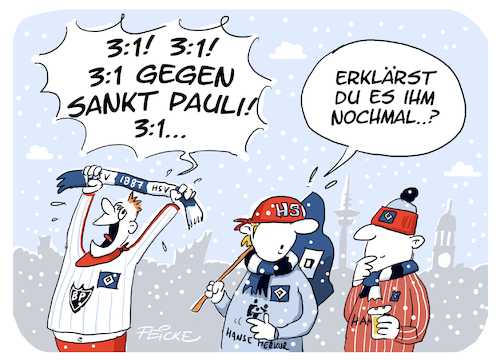 Cartoon: Eigentor im Derby HSV FCSP (medium) by FEICKE tagged eigentor,derby,hamburg,bundesliga,zwei,verein,hsv,sportverein,fc,sankt,pauli,fussball,fußball,dfl,dfb,aufstieg,fans,eigentor,derby,hamburg,bundesliga,zwei,verein,hsv,sportverein,fc,sankt,pauli,fussball,fußball,dfl,dfb,aufstieg,fans