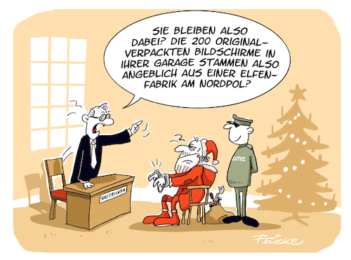 Cartoon: Elfenfabrik (medium) by FEICKE tagged gericht,haft,weihnachtsmann,verkleidung,ausrede,dieb,einbrecher,gericht,haft,weihnachtsmann,verkleidung,ausrede,dieb,einbrecher