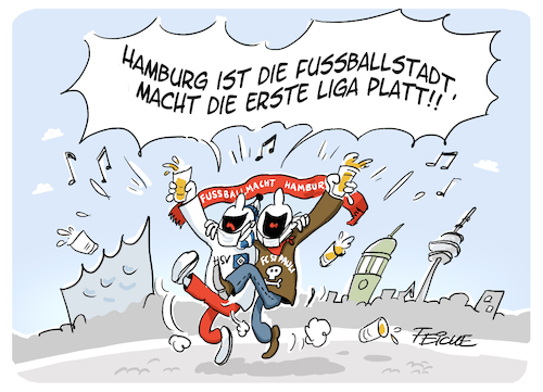 Cartoon: Fussballstadt Hamburg (medium) by FEICKE tagged hamburg,sportverein,hsv,fc,st,pauli,bundesliga,dfb,pokal,köln,dortmund,hamburg,sportverein,hsv,fc,st,pauli,bundesliga,dfb,pokal,köln,dortmund