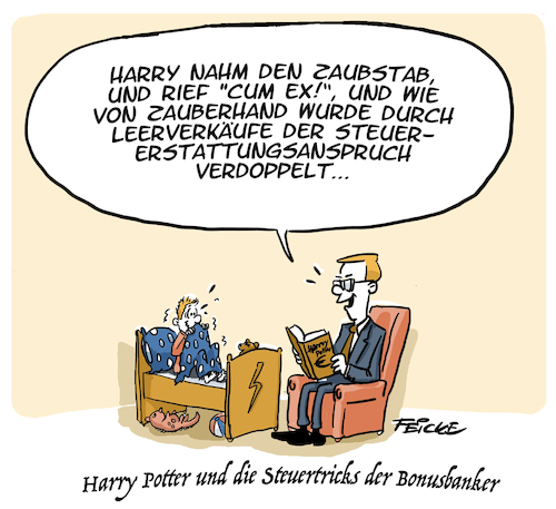 Cartoon: Harry Potter und die Steuertrick (medium) by FEICKE tagged bank,bonus,steuern,tricks,betrug,skandal,cum,ex,bank,bonus,steuern,tricks,betrug,skandal,cum,ex