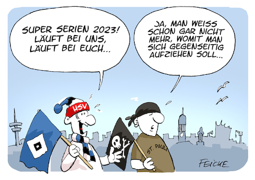 Cartoon: HSV FCSP Super serien (medium) by FEICKE tagged hamburg,sportverein,hsv,fc,st,sankt,pauli,gewonne,zweite,liga,hamburg,sportverein,hsv,fc,st,sankt,pauli,gewonne,zweite,liga