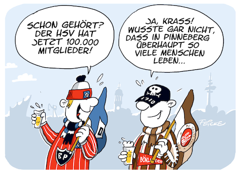 Cartoon: HSV Hundertausend Mitglieder (medium) by FEICKE tagged hamburg,bundesliga,zwei,verein,hsv,sportverein,fc,sankt,pauli,fussball,fußball,hamburg,bundesliga,zwei,verein,hsv,sportverein,fc,sankt,pauli,fussball,fußball